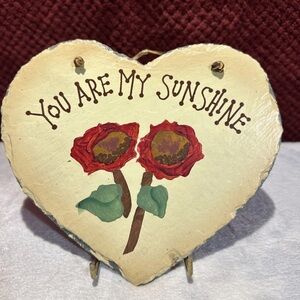 Plain Jane Slate Art “You Are My Sunshine” 8x7 Yellow Base Red Roses Heart Shape